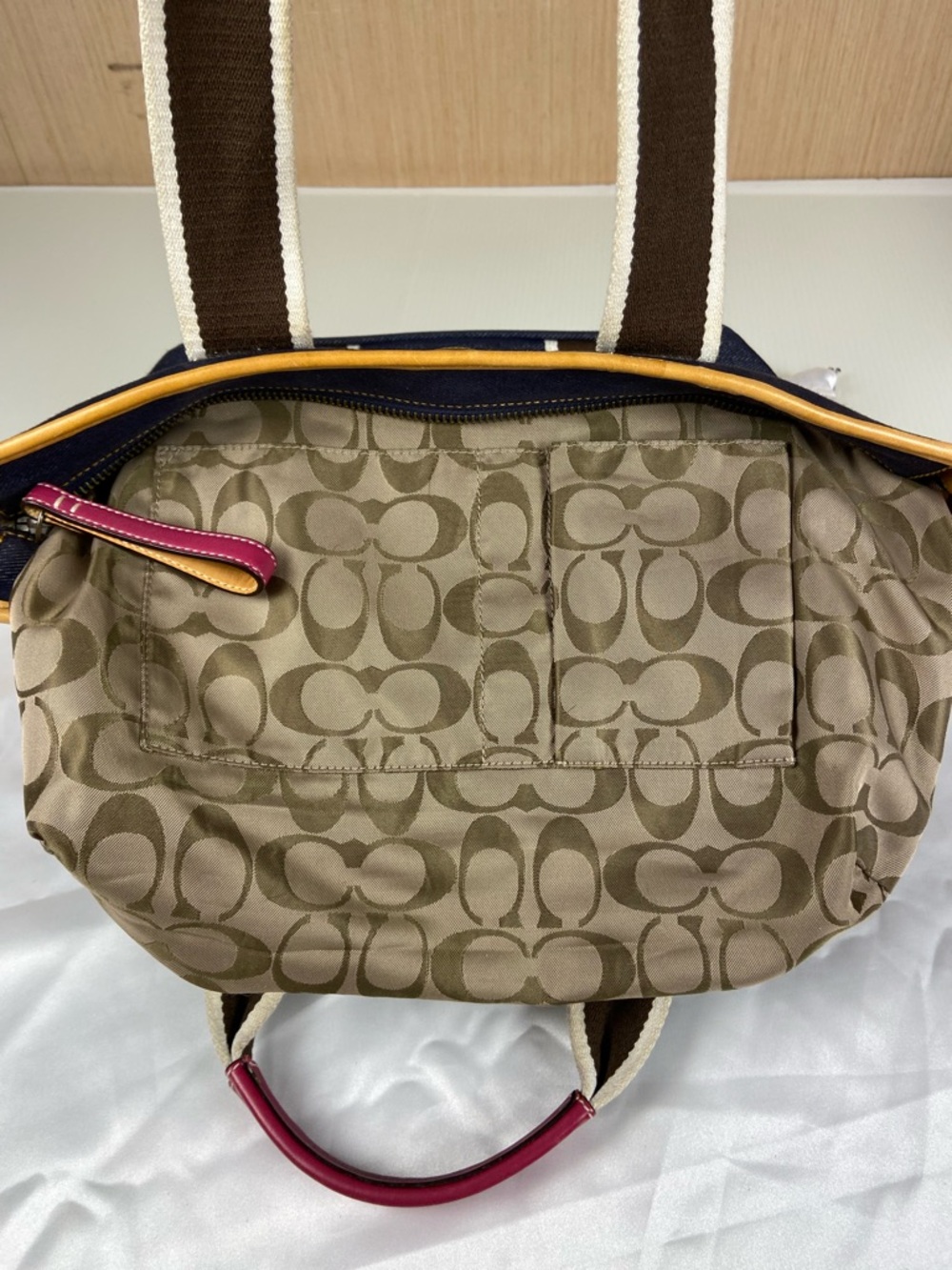 Coach Denim Tote Bag Pink Leather Trim Stripe Canvas Small Carryall Zip Top Y2K - Picture 10 of 15